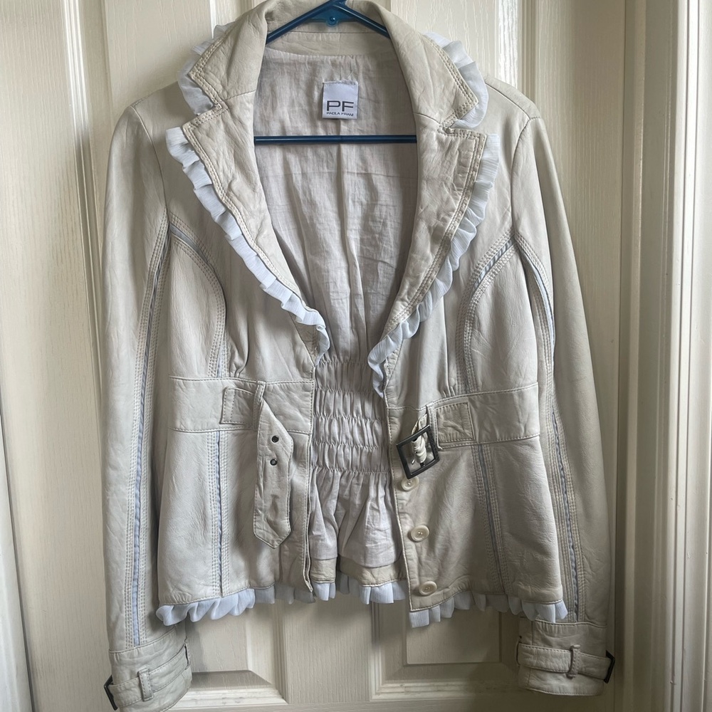 Paola Frani Cream Leather Ruffle-Trim Jacket